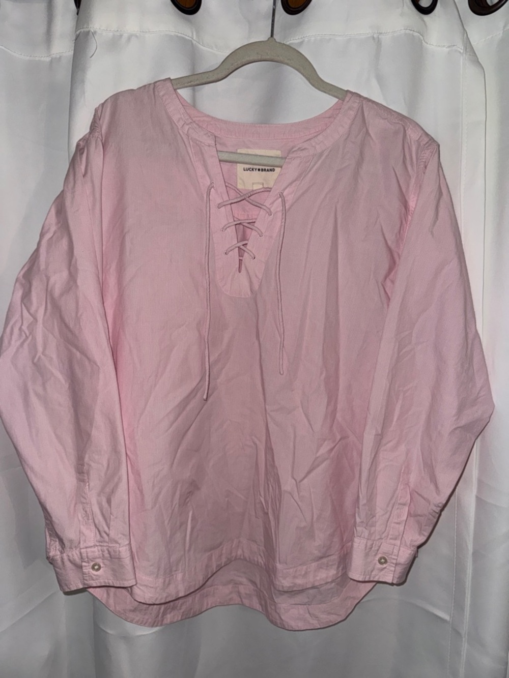 Lucky Brand Light Pink and White striped Lace-Up Poplin Shirt size large